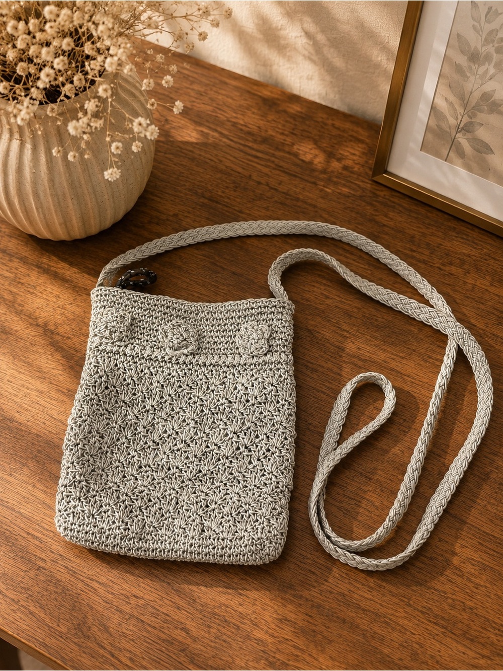 Woven Crochet Crossbody Bag in Light Gray - Neutral Everyday Shoulder Bag